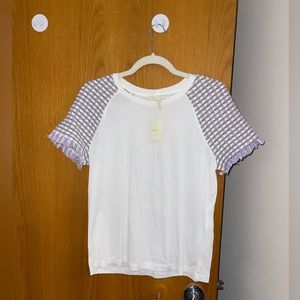 Maje never worn white shirt with tweed-lavender sleeves with tags